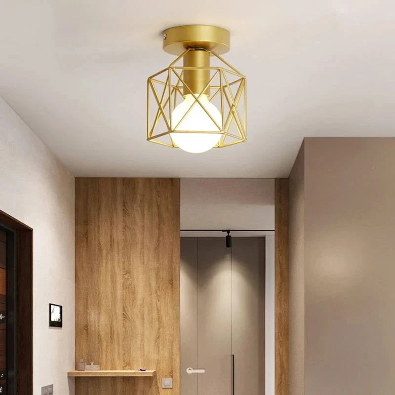 Modern Geometric Metal Cage Ceiling Light – Compact Gold or Black Iron Flush Mount for Hallway, Bathroom, Balcony & Entryway