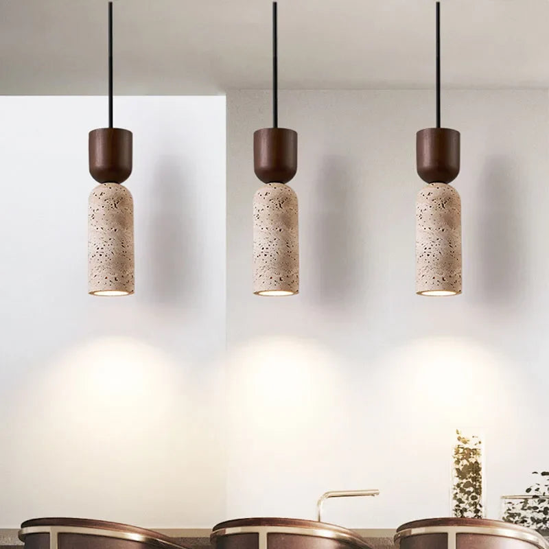 Wabi-Sabi Travertine & Walnut Pendant Light – Japanese-Inspired Minimalist Natural Stone Hanging Lamp for Bedside & Dining