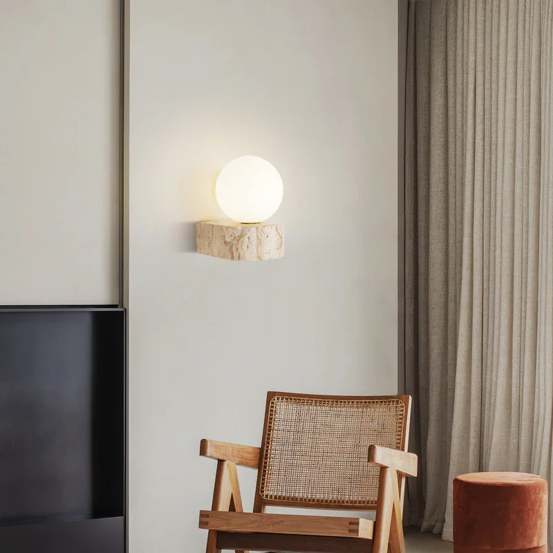 Yellow Travertine Stone Wall Lamp – Japanese-Inspired LED Sconce with Frosted Glass Shade, Warm White Natural Stone Light
