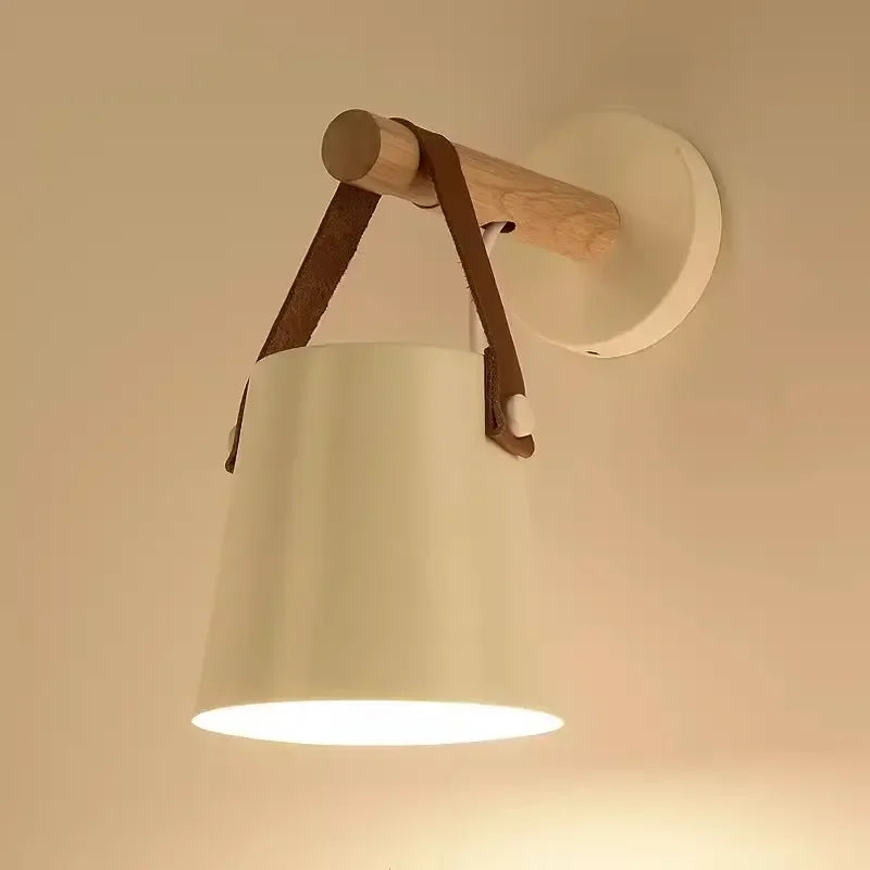 Nordic Wood & Leather Strap Hanging Wall Lamp – Scandinavian Bedside Light with Wooden Arm, Soft Downward Glow