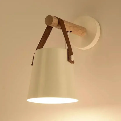 Nordic Wood & Leather Strap Hanging Wall Lamp – Scandinavian Bedside Light with Wooden Arm, Soft Downward Glow