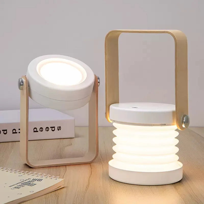 Portable Wooden Handle Lantern Lamp – Foldable Rechargeable LED Table Light, 3-Level Touch Dimming, 360° Rotating Head