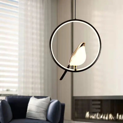 Nordic Magpie LED Pendant Light – Modern Bird Ring Chandelier, 31W Warm or Cool White Hanging Lamp for Dining & Living Room