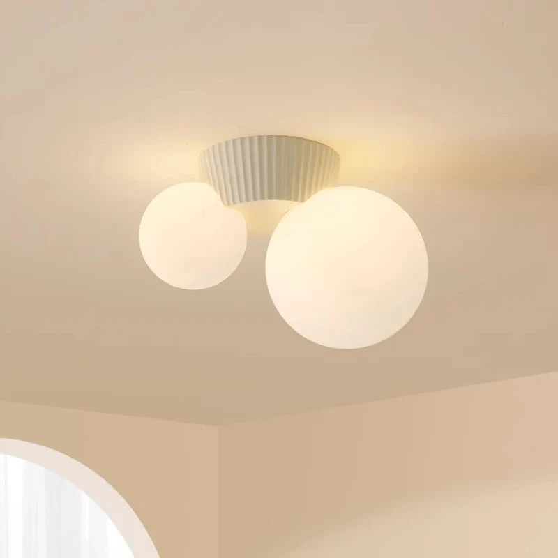Luméa French Modern Double-Globe Ceiling Light – Ribbed Metal & Frosted Glass Fixture in Green, Beige, Red or Black