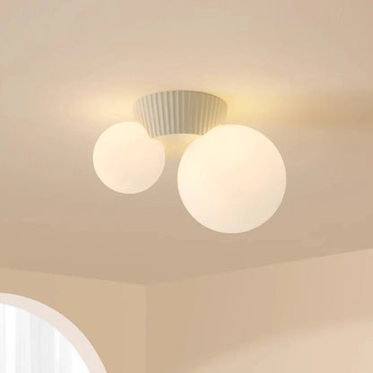 Luméa French Modern Double-Globe Ceiling Light – Ribbed Metal & Frosted Glass Fixture in Green, Beige, Red or Black