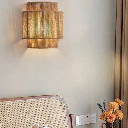 RattanGlow Handwoven Rattan Wall Lamp – Natural Bamboo Boho Wall Sconce with Warm Up & Down Light for Bedroom & Living Room