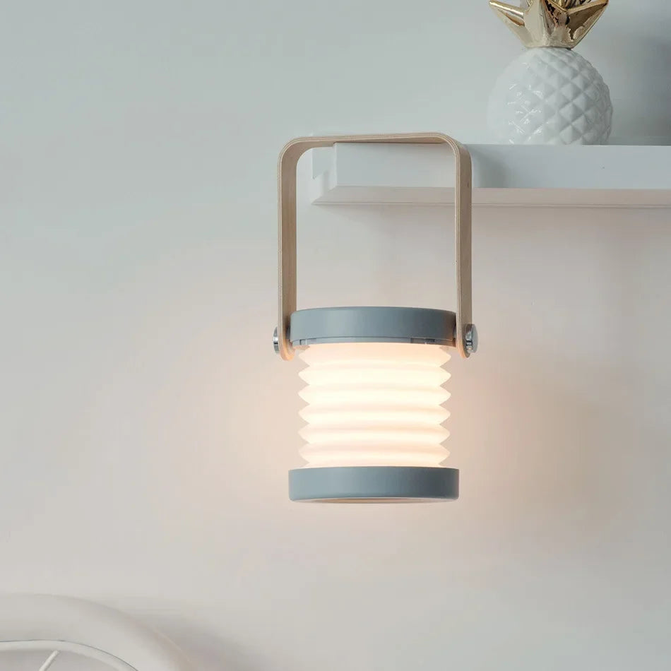 Portable Wooden Handle Lantern Lamp – Foldable Rechargeable LED Table Light, 3-Level Touch Dimming, 360° Rotating Head