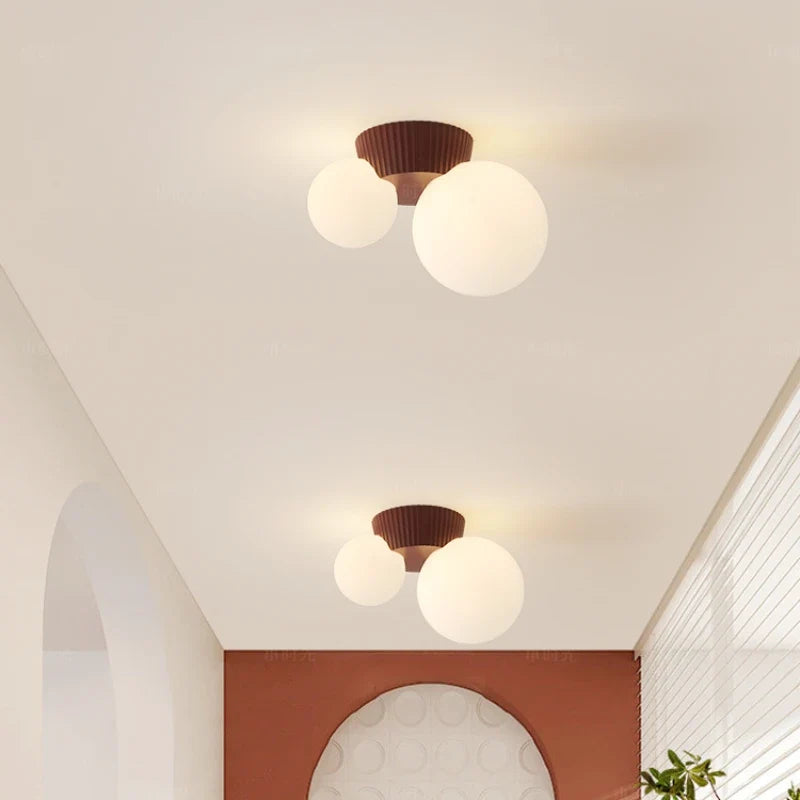 Luméa French Modern Double-Globe Ceiling Light – Ribbed Metal & Frosted Glass Fixture in Green, Beige, Red or Black