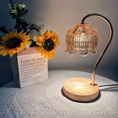 Candle Warmer Lamp with Retro Petal Glass Shade – Flameless Dimmable Candle Melter with Solid Wood Base for Home Fragrance