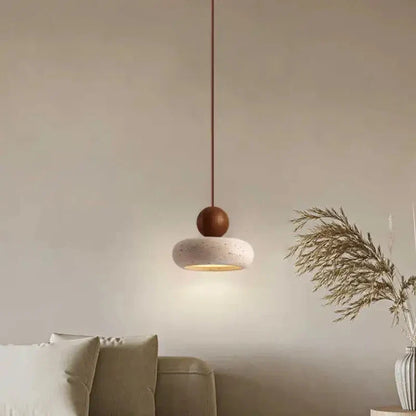 Natural Stone & Solid Wood Pendant Light – Vintage Minimalist Ceiling Lamp with Focused LED in Log or Walnut Finish