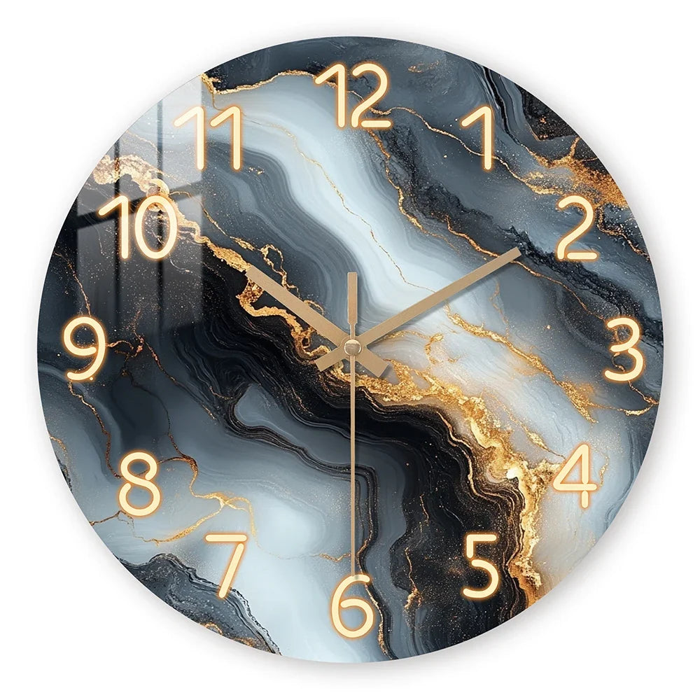 Blue & Gold Marble Wall Clock – Silent Wooden Art Clock with Glossy Tempered Finish, Luxury Decor in 4 Sizes