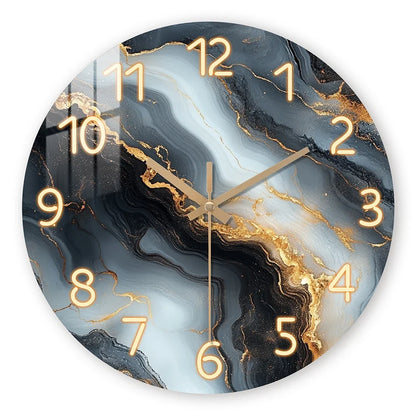 Blue & Gold Marble Wall Clock – Silent Wooden Art Clock with Glossy Tempered Finish, Luxury Decor in 4 Sizes