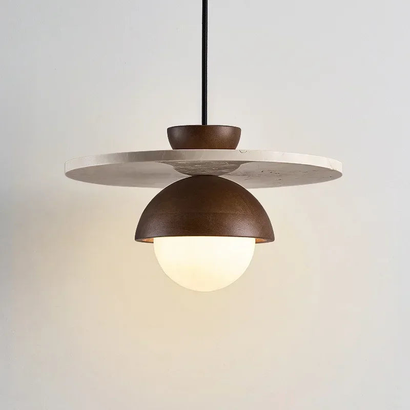 Denmark Walnut & Stone Pendant Light – Nordic Dome LED Chandelier with 7W G9 Bulb, Warm or Cool White for Dining & Bedroom
