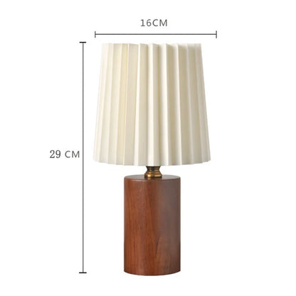 Medieval Pleated Table Lamp with Nordic Solid Wood Base – Soft Ambient Fabric Shade Bedside Lamp in Wood or Walnut