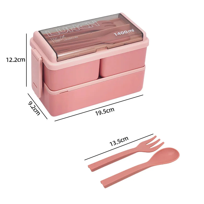 1400ml Double-Layer Bento Lunch Box with Fork & Spoon – Microwave-Safe Locking Food Container for Kids & Adults, Pink or Green