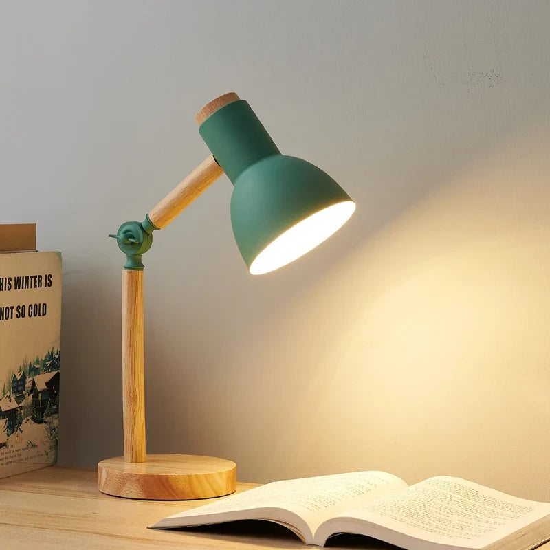 Nordic Wooden Desk Lamp – Adjustable Rotating Head Rubberwood Table Light for Reading, Study, Bedroom & Home Office