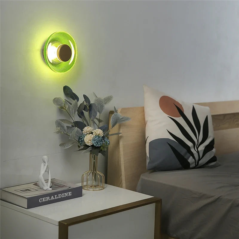 Modern Textured Colored Glass Disc LED Wall Light – Brushed Metal 17 cm Wall Sconce in Green, Clear, Smoke Grey or Amber