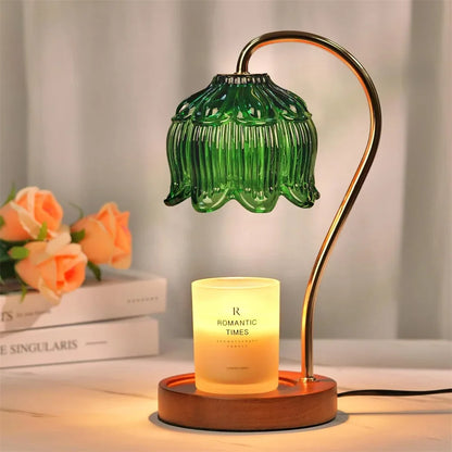 Candle Warmer Lamp with Retro Petal Glass Shade – Flameless Dimmable Candle Melter with Solid Wood Base for Home Fragrance