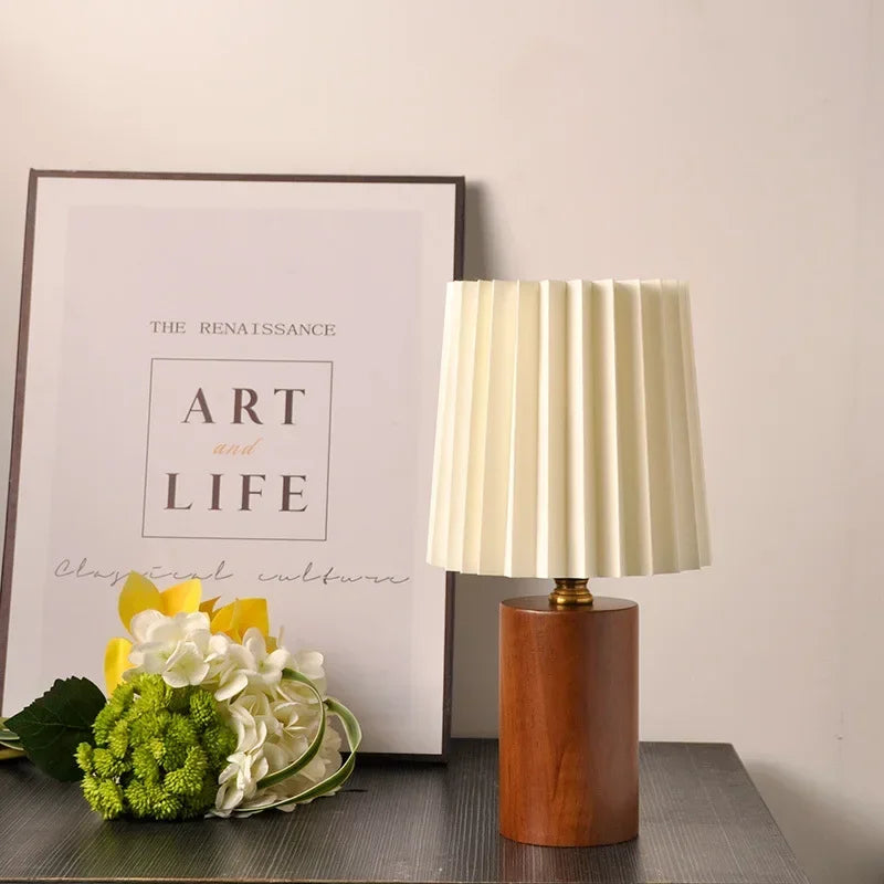Medieval Pleated Table Lamp with Nordic Solid Wood Base – Soft Ambient Fabric Shade Bedside Lamp in Wood or Walnut