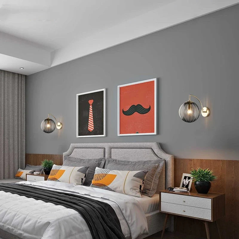 Modern Tinted Glass Ball Wall Lamp – Curved Brass Arm Wall Sconce with E27 Bulb in Red, Blue, Amber or Smoke Grey