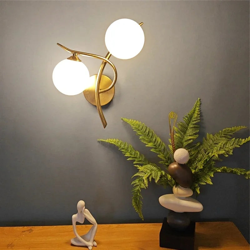 Lunara Nordic Dual-Globe LED Wall Light – Sculptural Gold or Black Frame Wall Sconce with Frosted Glass, Left or Right