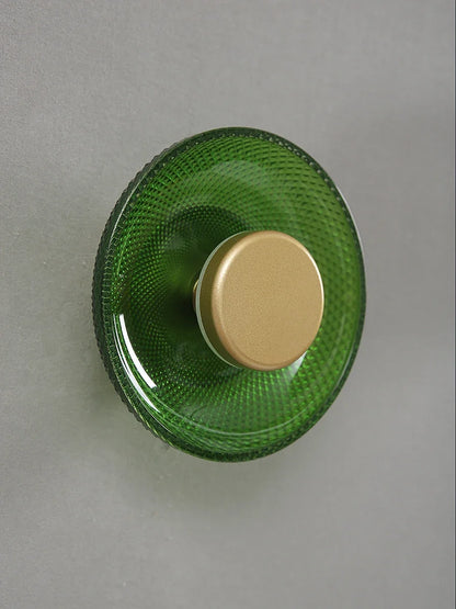 Modern Textured Colored Glass Disc LED Wall Light – Brushed Metal 17 cm Wall Sconce in Green, Clear, Smoke Grey or Amber