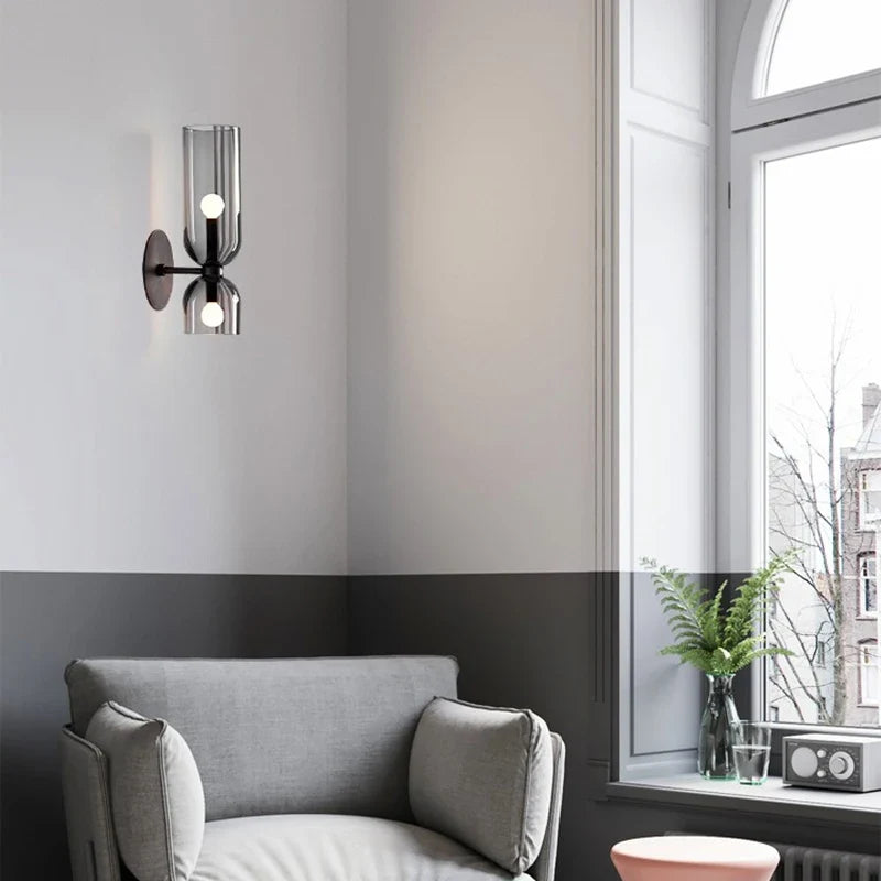 Nordic Smoked Glass Tube Wall Lamp – Modern Up & Down Cylinder Wall Sconce for Hallway, Bedroom & Living Room