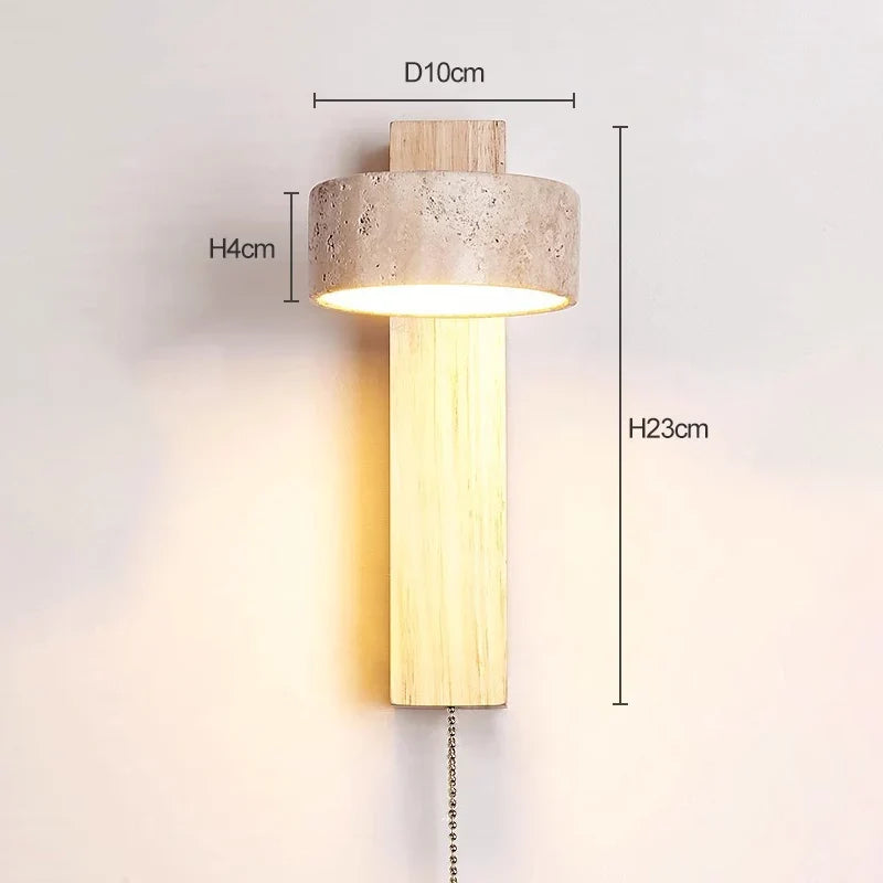 Éclat French Wabi-Sabi Wall Lamp – Solid Wood & Travertine Headboard Reading Light with Pull Switch for Bedroom