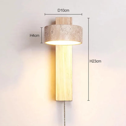 Éclat French Wabi-Sabi Wall Lamp – Solid Wood & Travertine Headboard Reading Light with Pull Switch for Bedroom