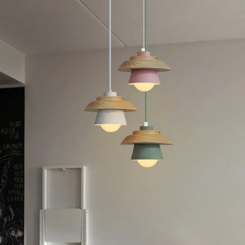 Nordic Wooden Macaron Pendant Light – Layered Wood & Color Hanging Lamp for Kitchen, Dining & Kids Room, Warm or Cool White
