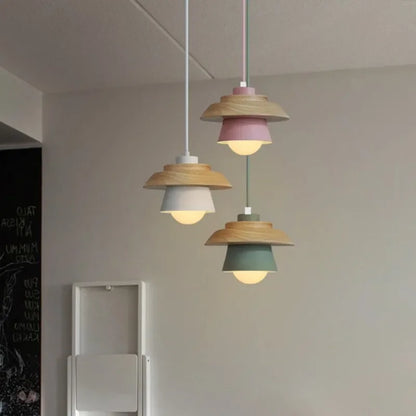 Nordic Wooden Macaron Pendant Light – Layered Wood & Color Hanging Lamp for Kitchen, Dining & Kids Room, Warm or Cool White