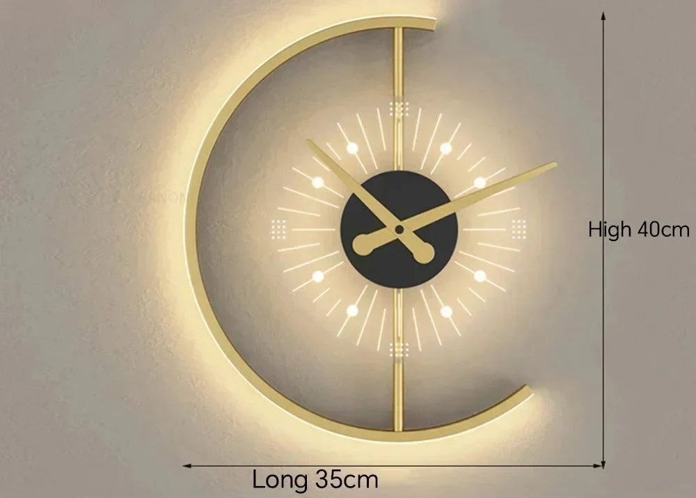 Lunaris Post-Modern LED Wall Lamp with Built-In Silent Clock – Golden Crescent Wall Sconce & Clock 2-in-1 Decor