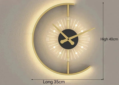 Lunaris Post-Modern LED Wall Lamp with Built-In Silent Clock – Golden Crescent Wall Sconce & Clock 2-in-1 Decor