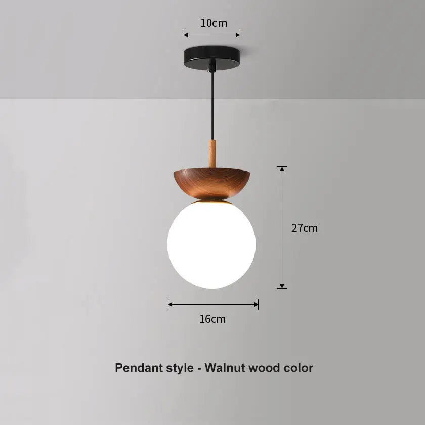 Nordic Opal Glass Globe Light with Wood-Effect Finish – Pendant or Ceiling Mount in Natural Wood or Walnut Look