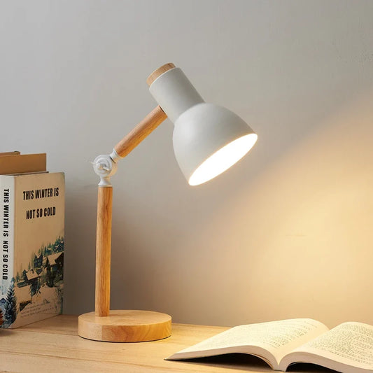 Nordic Wooden Desk Lamp – Adjustable Rotating Head Rubberwood Table Light for Reading, Study, Bedroom & Home Office