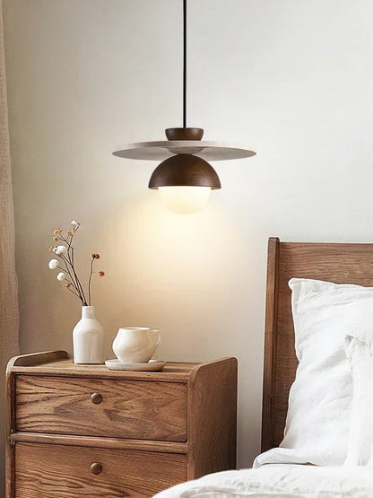 Denmark Walnut & Stone Pendant Light – Nordic Dome LED Chandelier with 7W G9 Bulb, Warm or Cool White for Dining & Bedroom