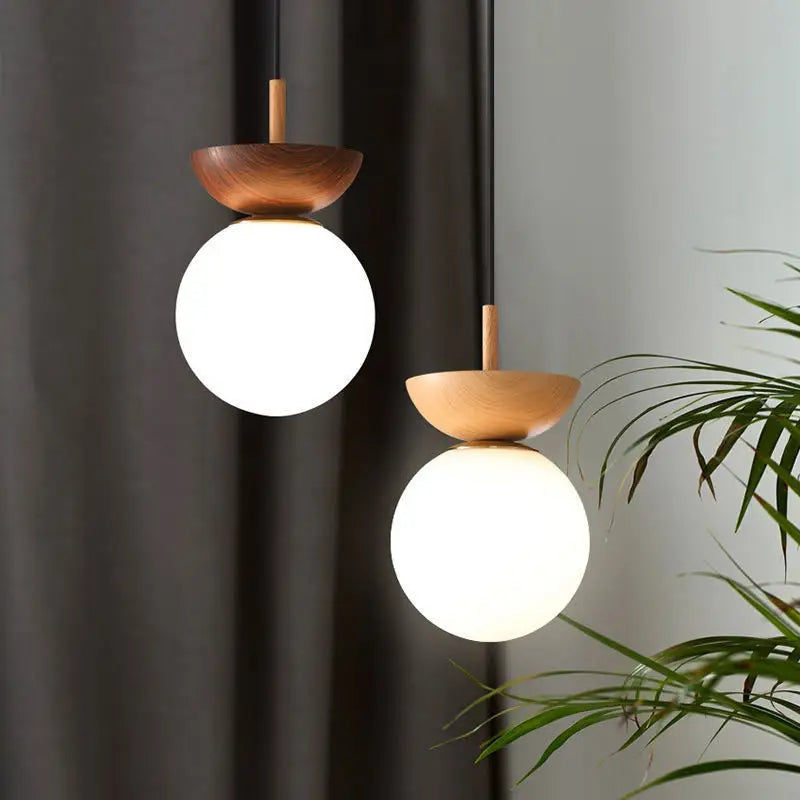 Nordic Opal Glass Globe Light with Wood-Effect Finish – Pendant or Ceiling Mount in Natural Wood or Walnut Look
