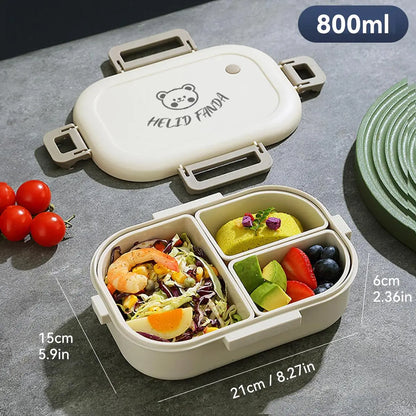 FreshMate Portable Bento Lunch Box – 3 Removable Leak-Proof Compartments with Side Locks, Meal Prep Container in White or Grey