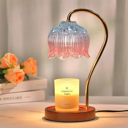 Candle Warmer Lamp with Retro Petal Glass Shade – Flameless Dimmable Candle Melter with Solid Wood Base for Home Fragrance