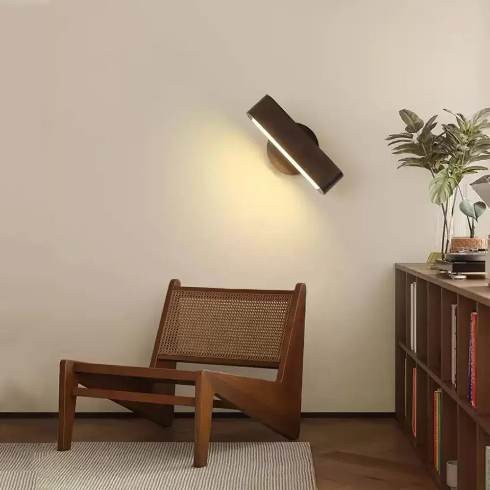 Rotating Japanese Wood Wall Lamp – Solid Wood & Aluminum Adjustable Wall Sconce with 3-Color Light for Bedroom & Reading