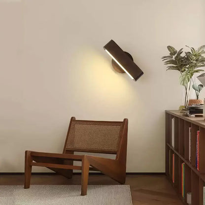 Rotating Japanese Wood Wall Lamp – Solid Wood & Aluminum Adjustable Wall Sconce with 3-Color Light for Bedroom & Reading