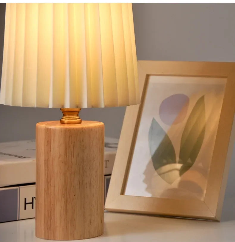 Medieval Pleated Table Lamp with Nordic Solid Wood Base – Soft Ambient Fabric Shade Bedside Lamp in Wood or Walnut