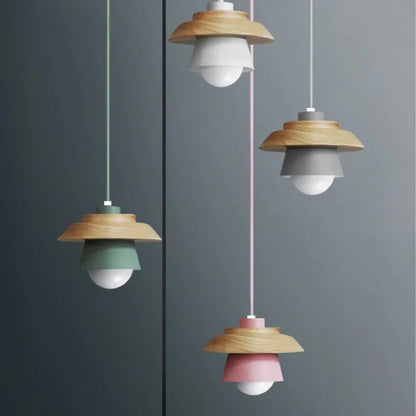 Nordic Wooden Macaron Pendant Light – Layered Wood & Color Hanging Lamp for Kitchen, Dining & Kids Room, Warm or Cool White