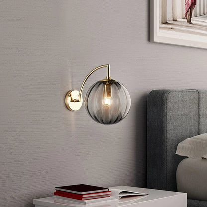 Modern Tinted Glass Ball Wall Lamp – Curved Brass Arm Wall Sconce with E27 Bulb in Red, Blue, Amber or Smoke Grey
