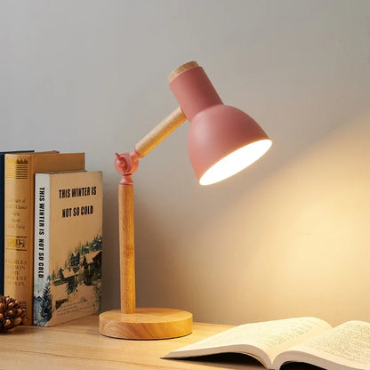 Nordic Wooden Desk Lamp – Adjustable Rotating Head Rubberwood Table Light for Reading, Study, Bedroom & Home Office