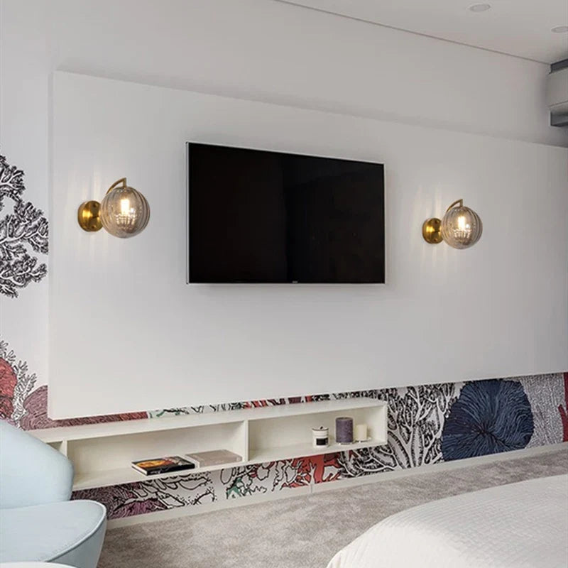 Modern Tinted Glass Ball Wall Lamp – Curved Brass Arm Wall Sconce with E27 Bulb in Red, Blue, Amber or Smoke Grey