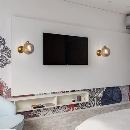 Modern Tinted Glass Ball Wall Lamp – Curved Brass Arm Wall Sconce with E27 Bulb in Red, Blue, Amber or Smoke Grey