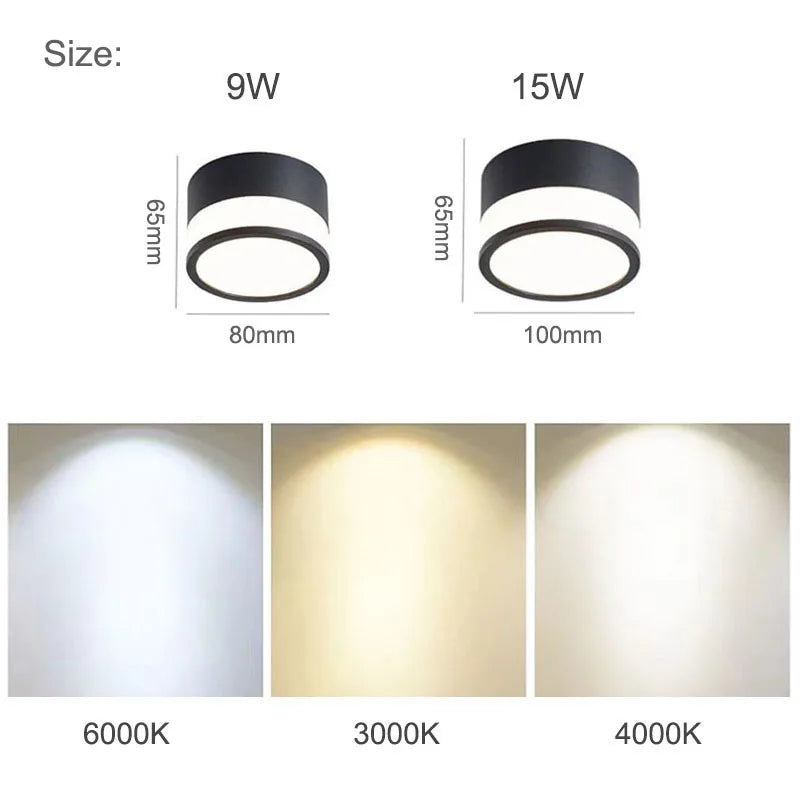 Nordic Surface-Mounted LED Downlight – 9W or 15W Slim Round Ceiling Spotlight, Warm or Cool White for Hallway & Bedroom