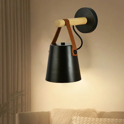 Nordic Wood & Leather Strap Hanging Wall Lamp – Scandinavian Bedside Light with Wooden Arm, Soft Downward Glow