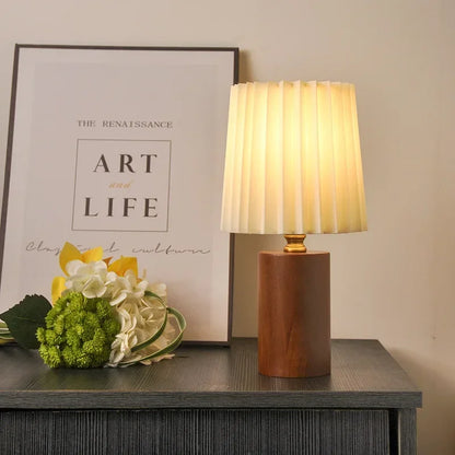 Medieval Pleated Table Lamp with Nordic Solid Wood Base – Soft Ambient Fabric Shade Bedside Lamp in Wood or Walnut
